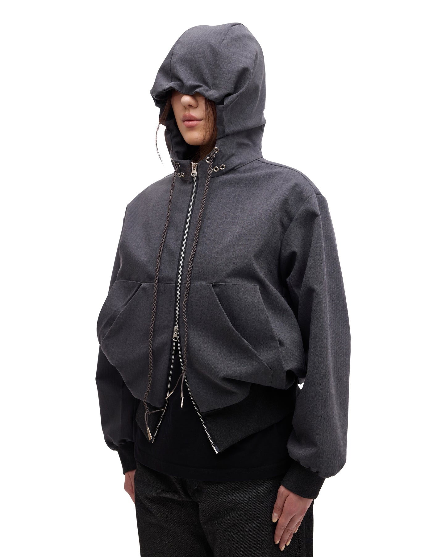 “STONEFISH” ZIP-UP HOODIE IN PEBBLE HERRINGBONE